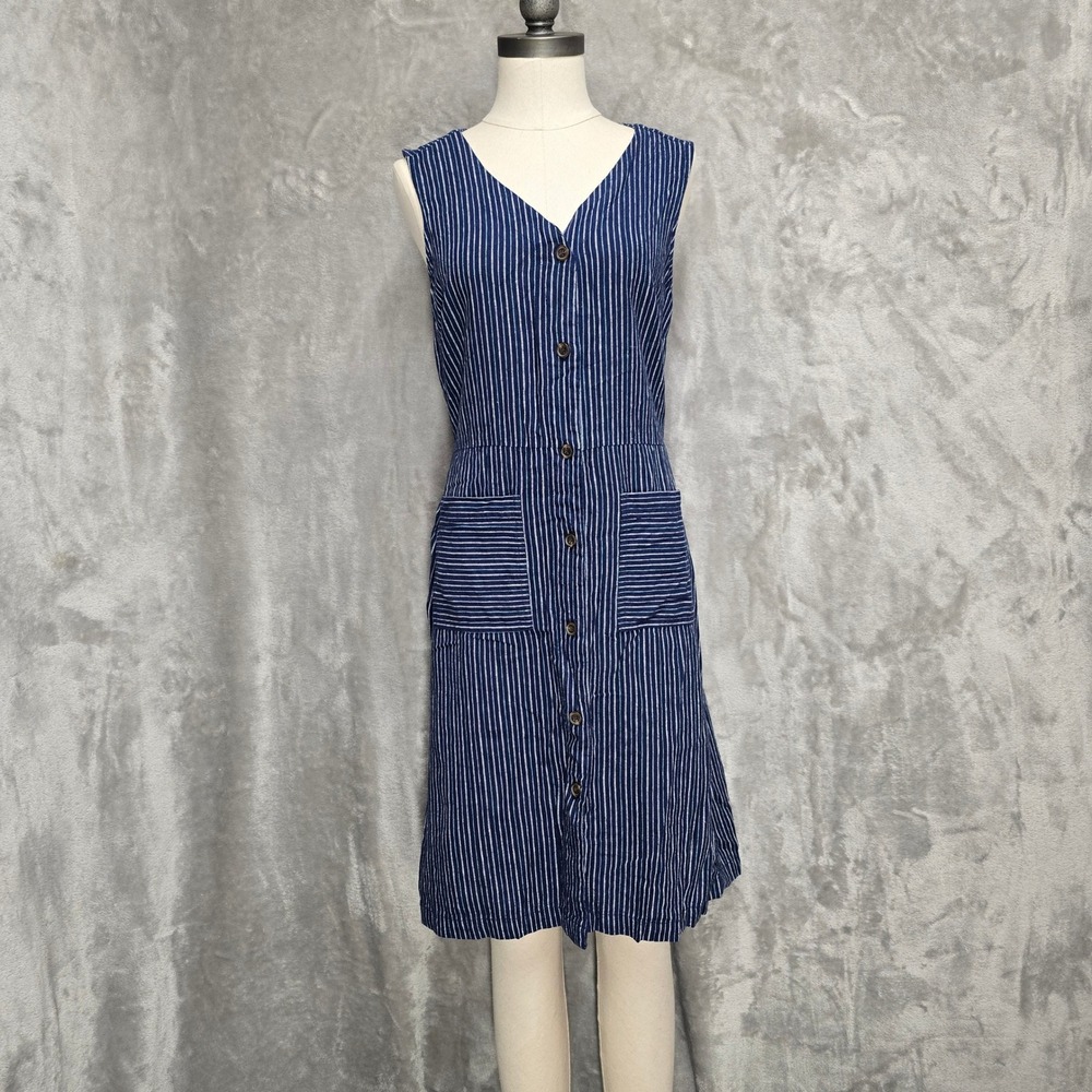 Old Navy Womens Dress‎ Medium Blue White Striped Sleeveless Button Down Pockets